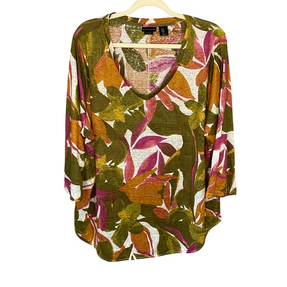 Tahari Tops - Tahari‎ Womens 1X Linen Floral V-Neck Top 3/4 Sleeve Green Pink Tropical Blouse
